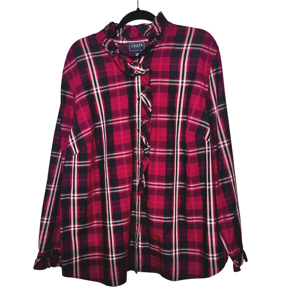 Chaps Denim‎ Women's 3X Red Tartan Plaid Ruffle Neck Long Sleeve Button Down Top